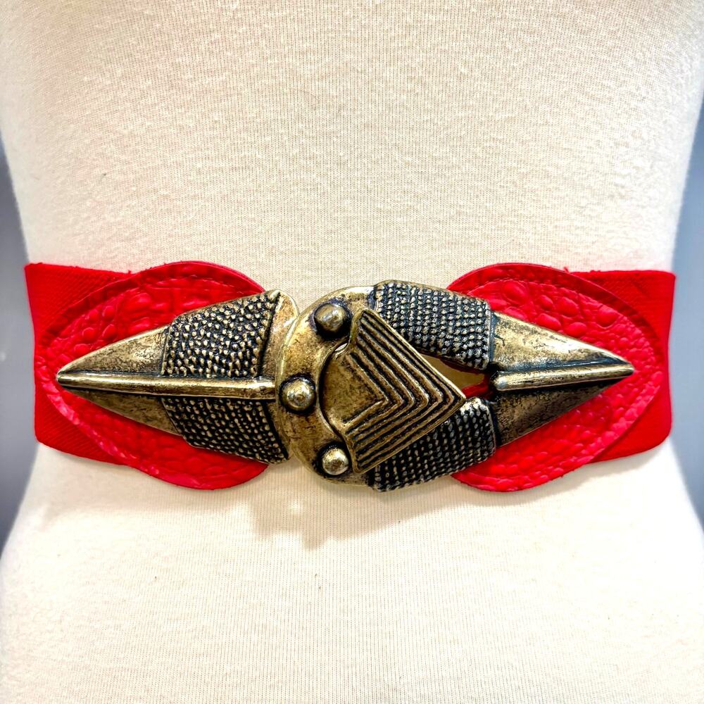 Vintage Y2K Red Elastic Chunky Metal Buckle Belt Boho Steampunk Wide Goth